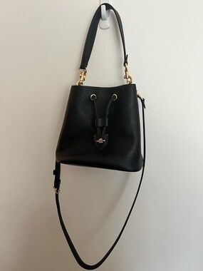 Coach Rowan Black Pebbled Leather Drawstring Bucket Bag with Gold Hardware